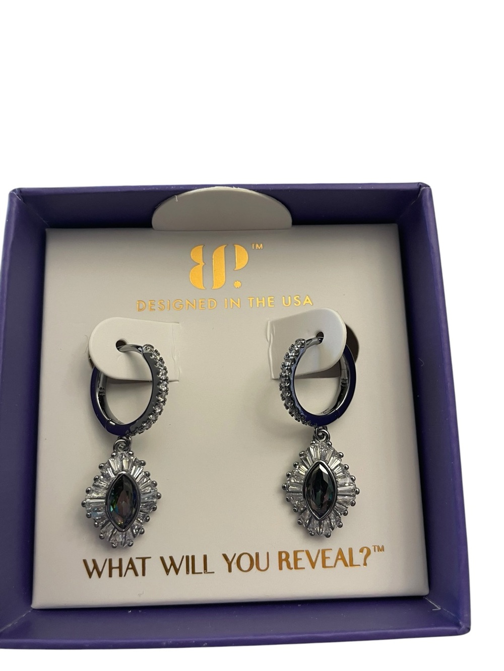Bomb Party June Earrings ER76940 “The Medallion Drops” Hematite/Alexandrite NIB